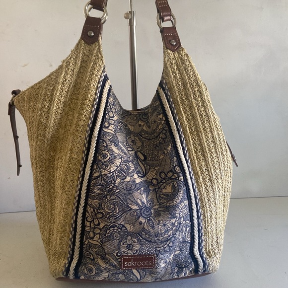 Sak Roots jute beige grey blue boho satchel bag double handle - Picture 5 of 16